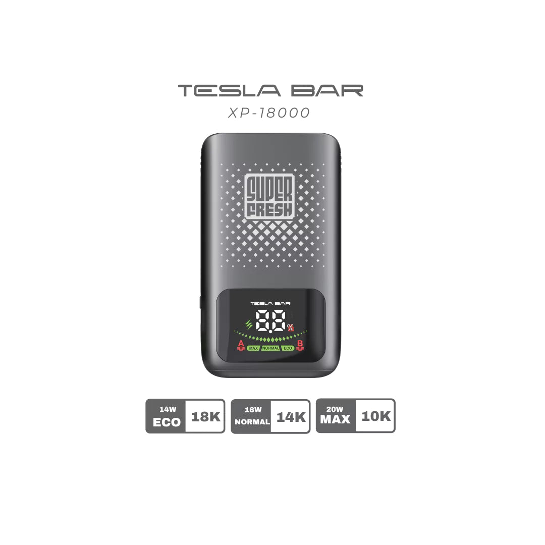 Super Fresh Tesla Bar XP-18000 Black – sleek vape with screen and 800mAh battery