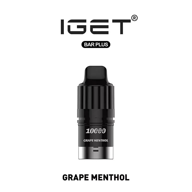 IGET Bar Plus 10000 Grape Menthol vape pod with 10,000 puffs, rechargeable battery, and menthol twist.